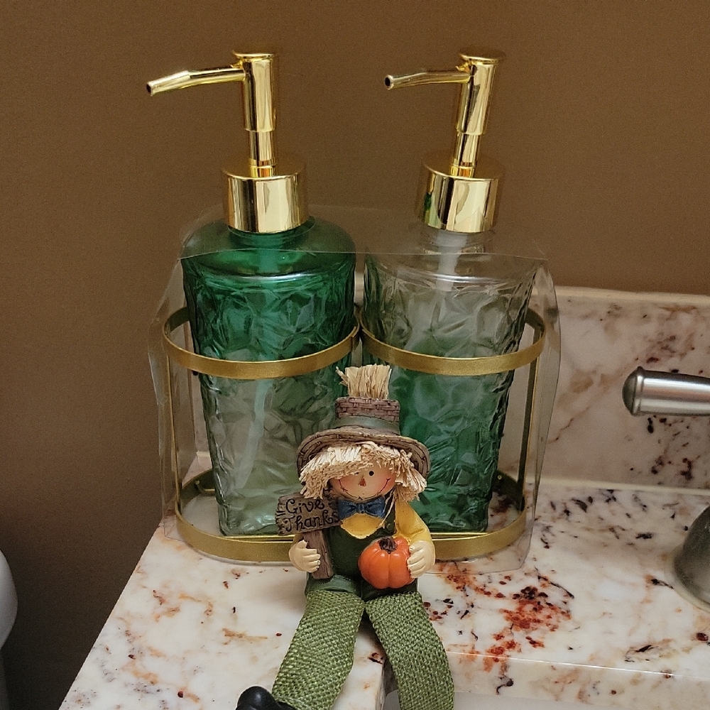 Elegant Green and Clear Soap Dispenser Set with Gold Accents